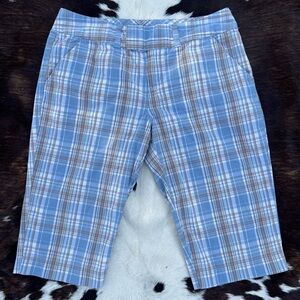 early 2000s era vintage SO blue brown and off-white plaid Bermuda shorts